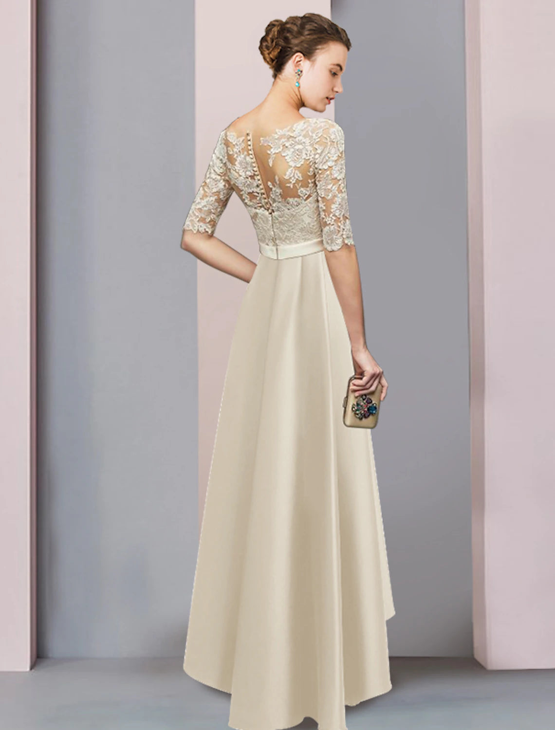 Abito da cerimonia per la madre della sposa, a trapezio, elegante, con scollo a barchetta, asimmetrico, lunghezza tè, in raso, pizzo, mezza manica, con fiocco/i e applicazioni